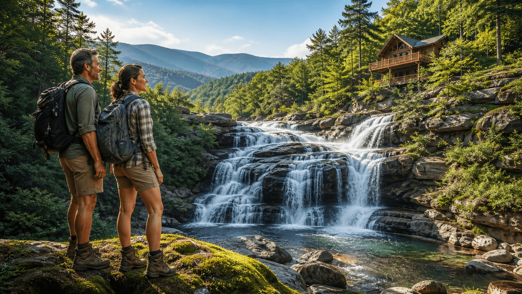 Sunlit waterfall cascades over mossy rocks into a clear forest pool beneath lush green trees.