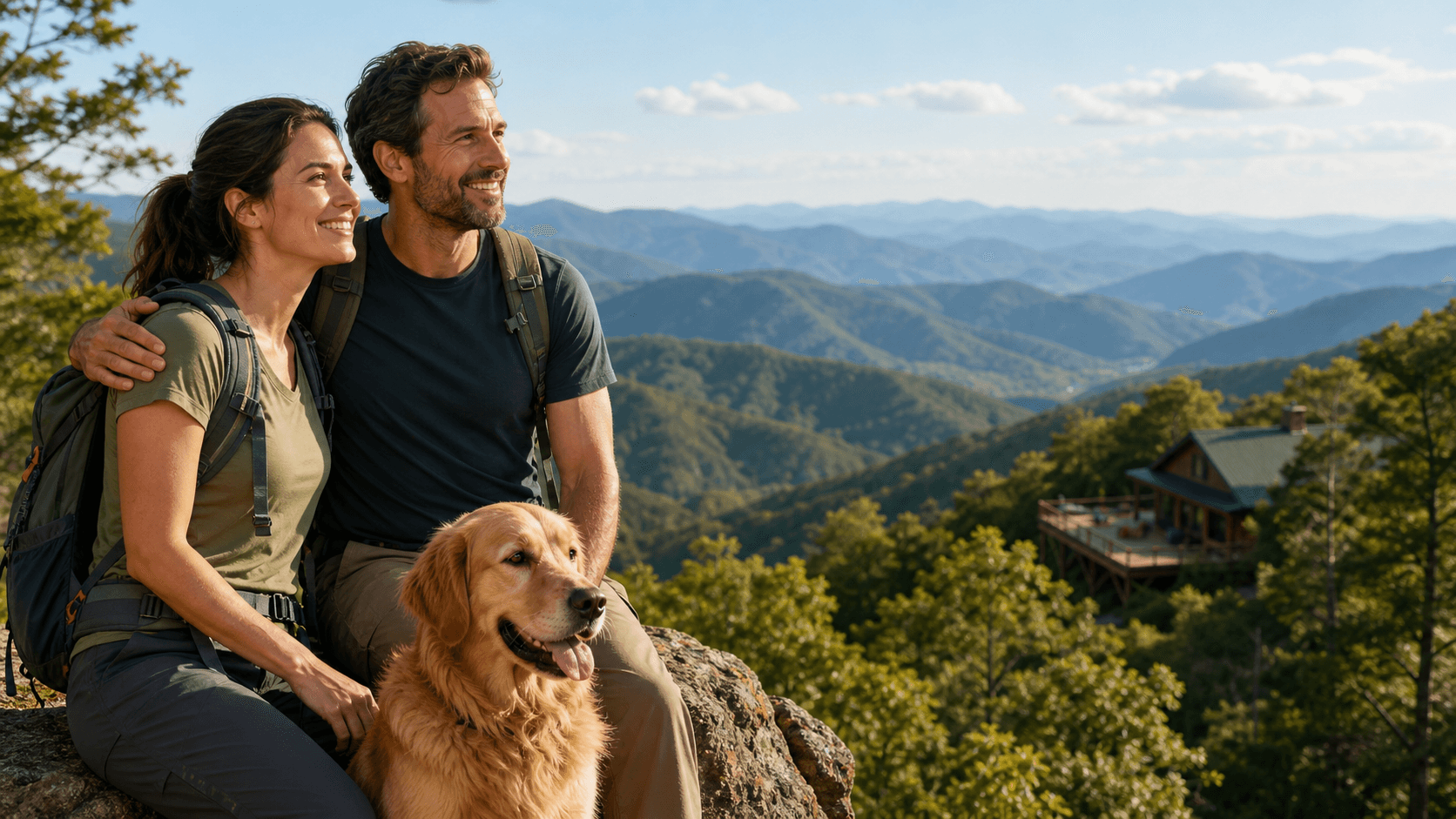 Golden retriever stands beside a hiker on a sunlit mountain trail overlooking misty blue ridges.