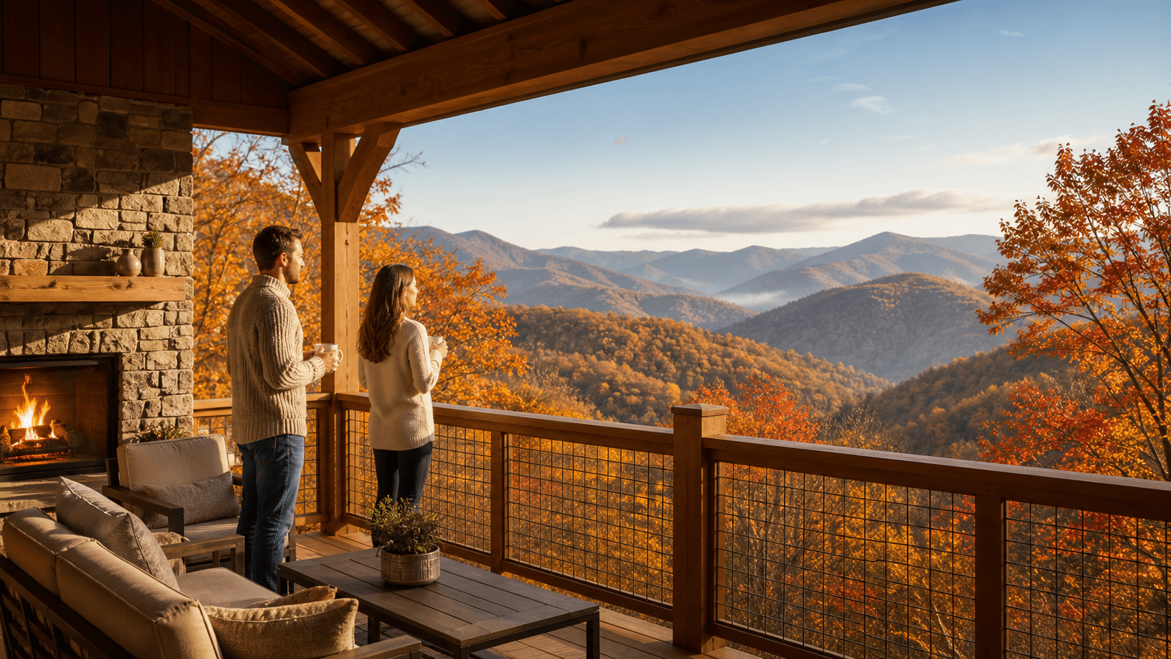 Cozy mountain cabin framed by vibrant red, orange, and gold autumn trees beneath a clear blue sky.
