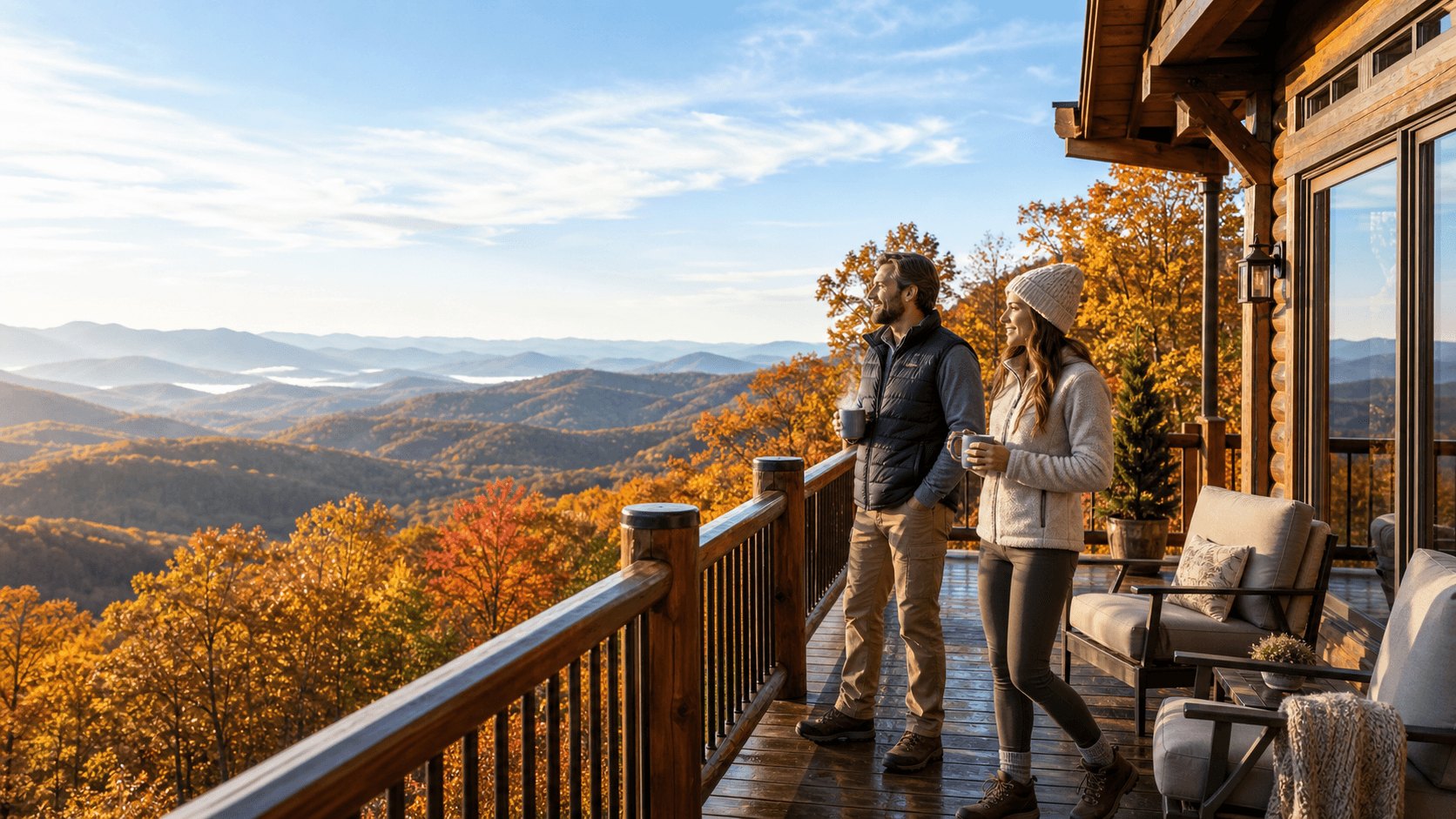 Golden autumn forests blanket layered blue mountains beneath a warm, glowing sunset sky.