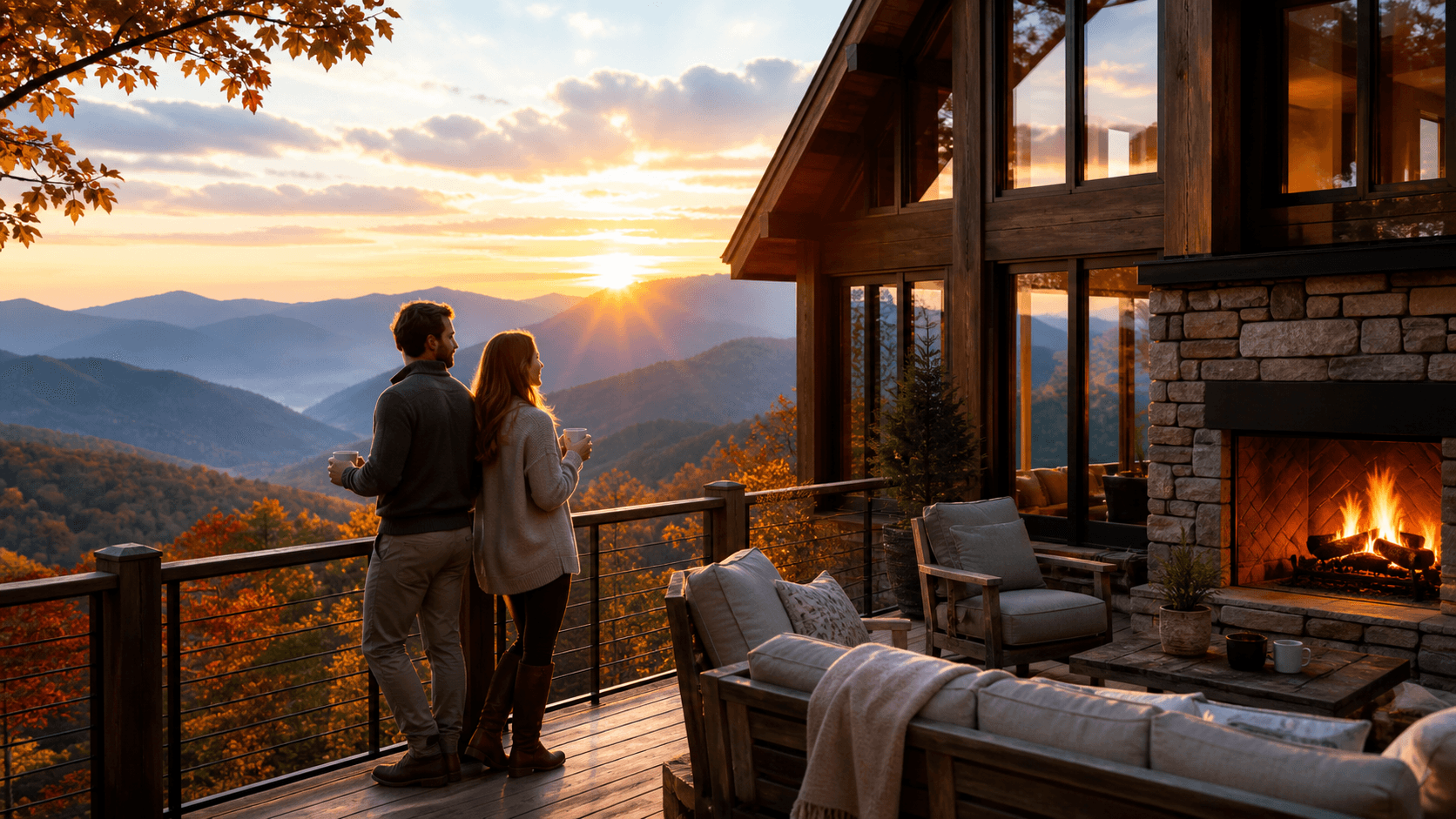 Luxury log cabin glowing at dusk amid forested North Carolina mountains under a pink and blue sky