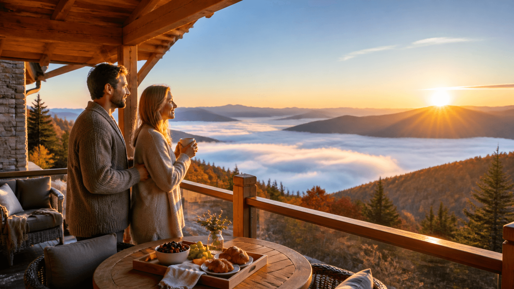 Romantic mountain cabin above a sea of clouds, glowing under a pink and gold sunset sky