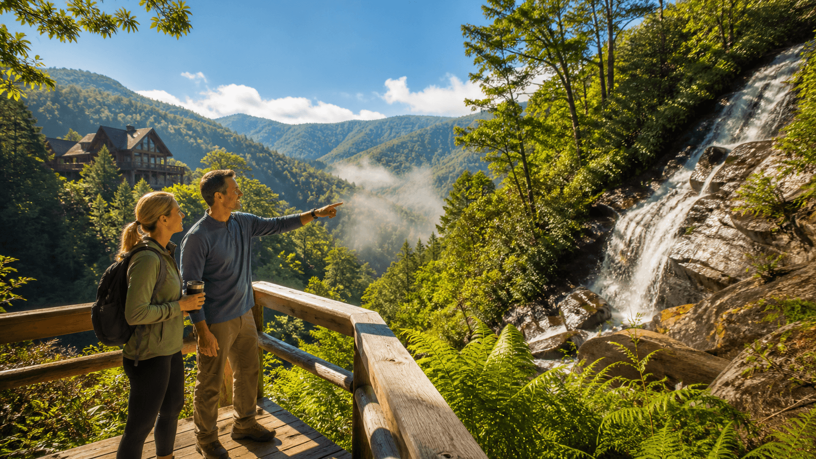 Sunlit mountain waterfall cascading through a lush green forest into a rocky stream below
