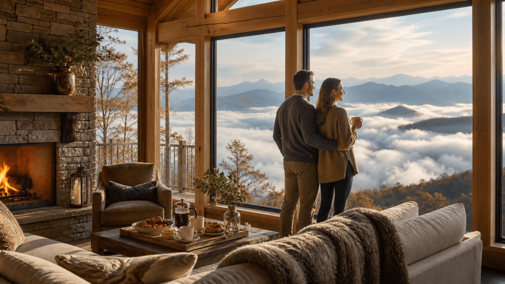 Cozy mountain cabin interior with large windows framing misty blue Smoky Mountain peaks at sunrise