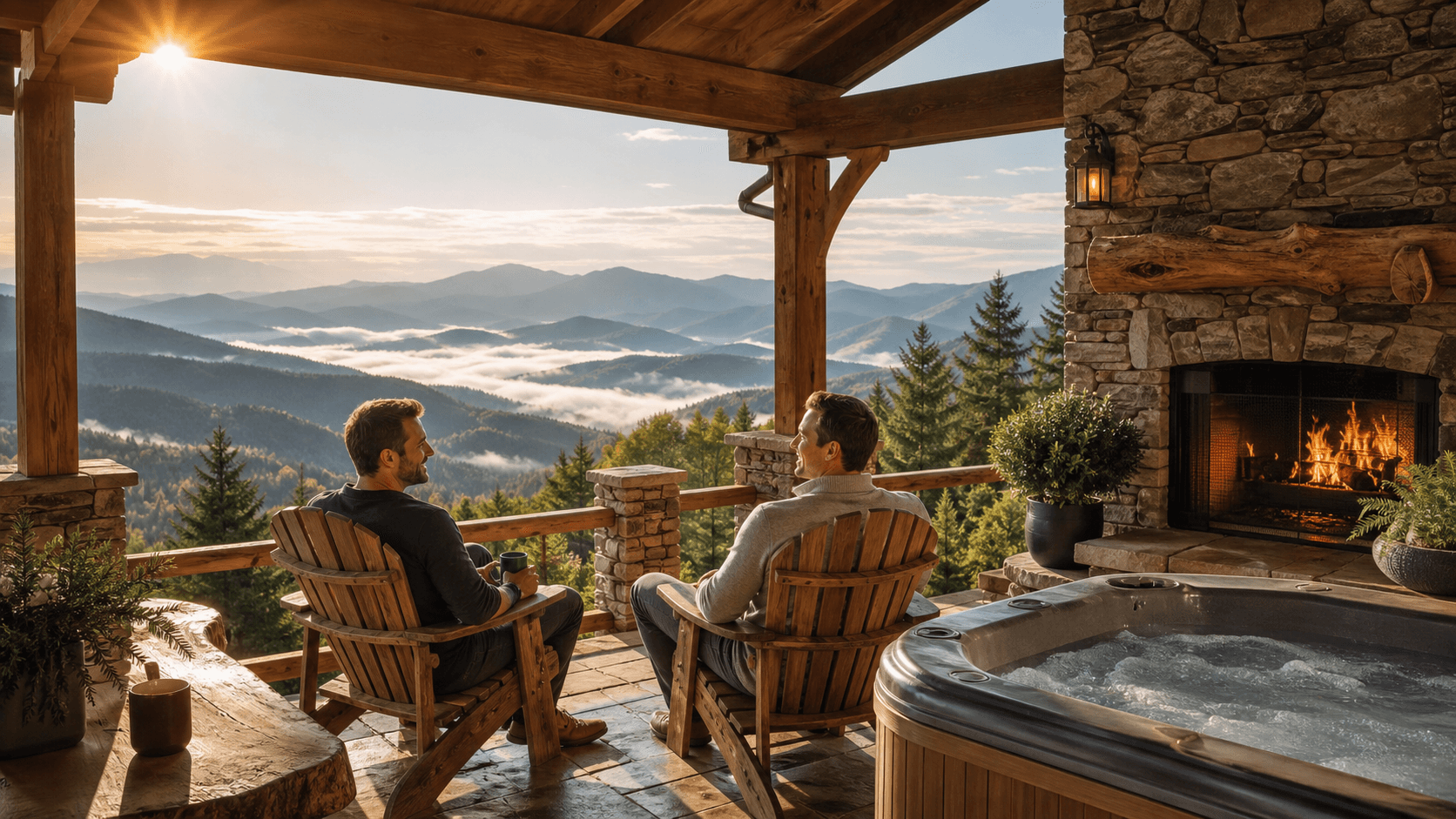 Wooden mountain cabin overlooks misty blue Smoky Mountains beneath a golden sunset sky.