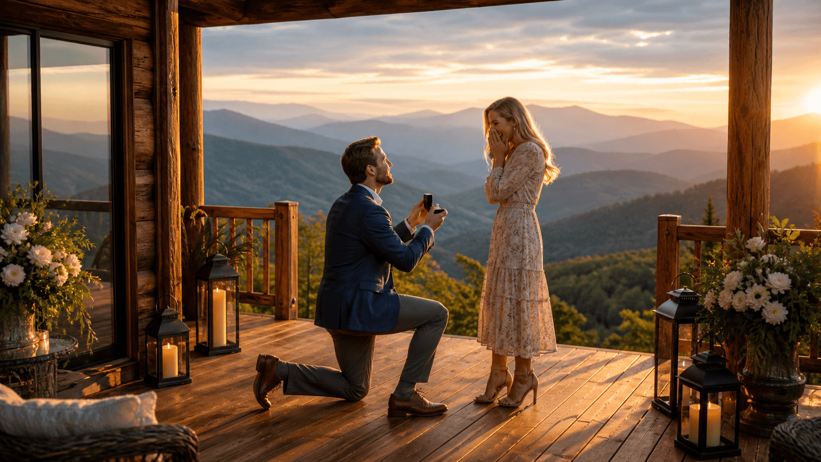 Cozy log cabin glowing at dusk beneath misty blue Smoky Mountain peaks and a pink sunset sky.