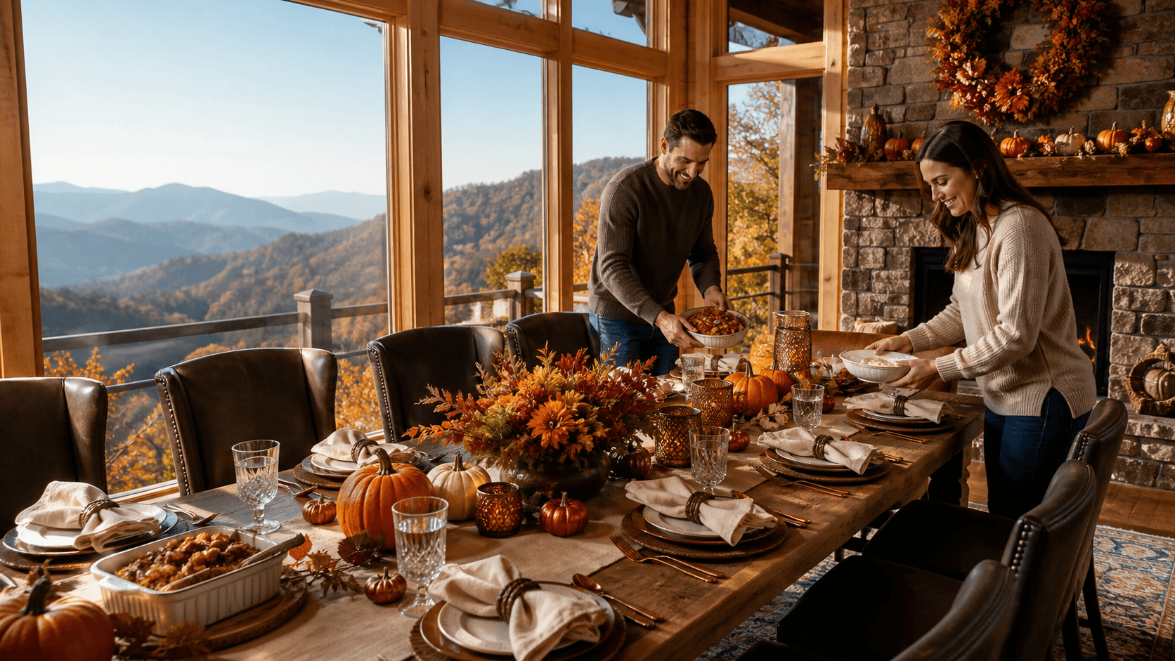 Cozy log cabin glowing at dusk amid Smoky Mountain peaks, autumn trees, and a clear blue sky.