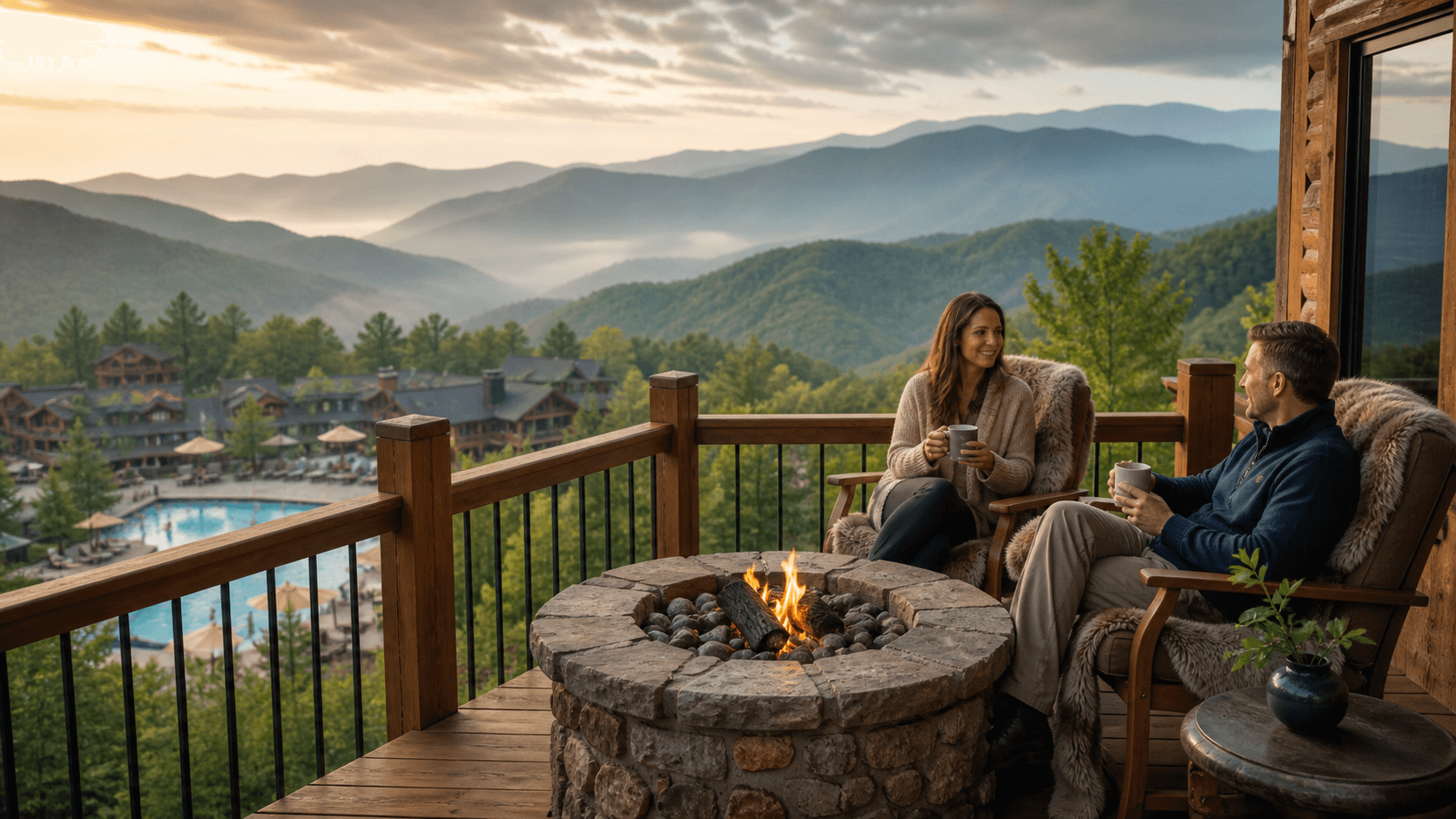Luxury mountain cabin overlooking misty blue ridges at sunset, with warm lights glowing from the windows.