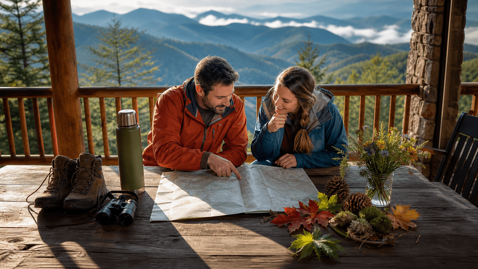 Illustrated calendar over blue Smoky Mountain peaks with seasonal trees, sun, snow, and autumn leaves