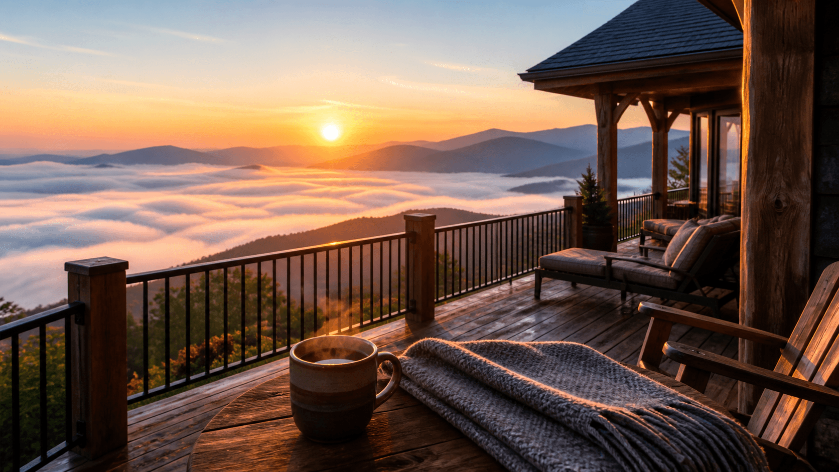 Golden sunrise illuminating a sea of clouds below dark mountain peaks and rustic cabins.