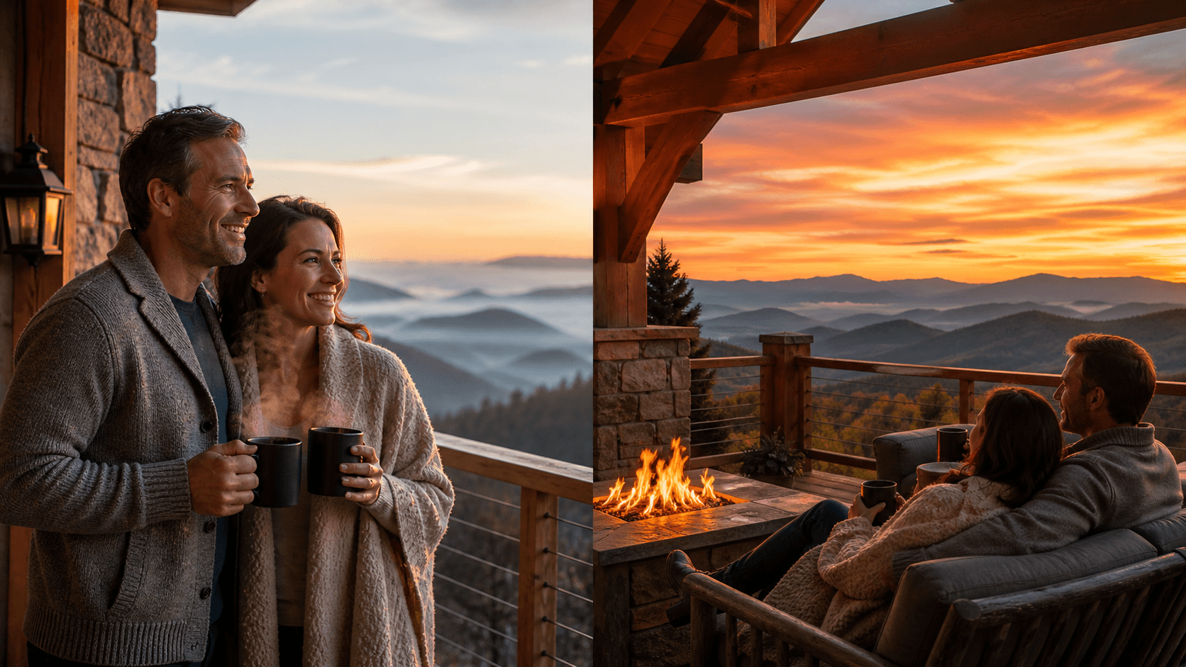 Golden sunrise and pink sunset frame a rustic mountain cabin beneath snow-capped peaks.