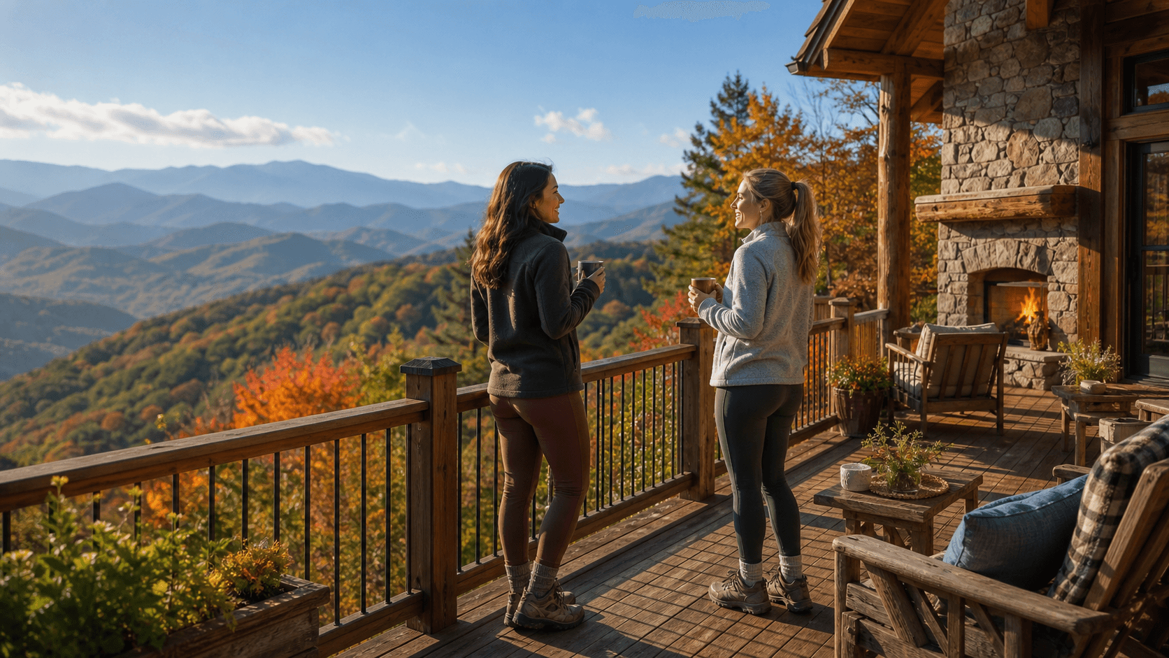 Wooden cabin nestled among misty green mountains beneath a warm golden sunrise.