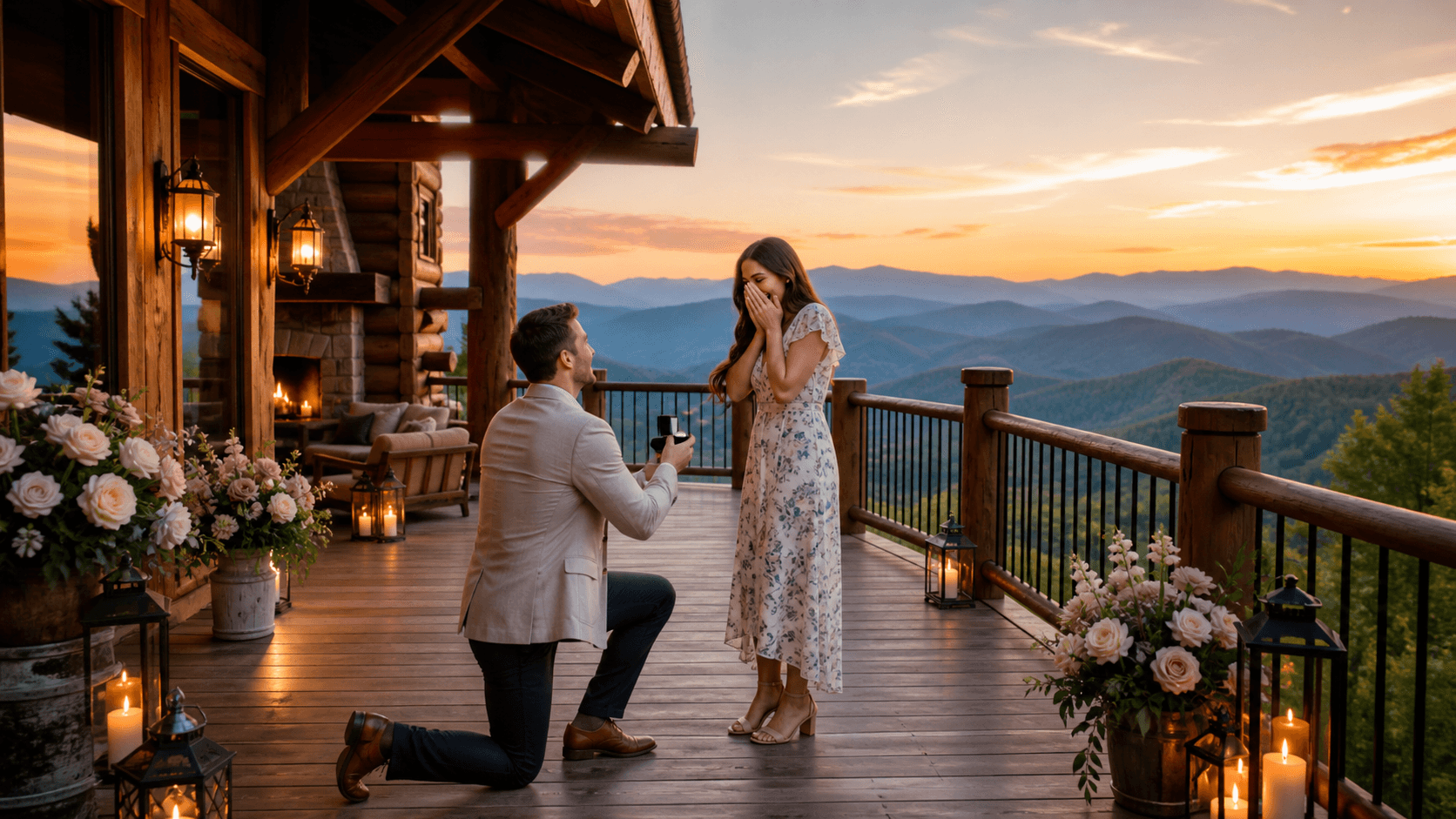 Romantic mountain cabin deck with glowing string lights, rose petals, and sunset views over misty Smoky Mountains