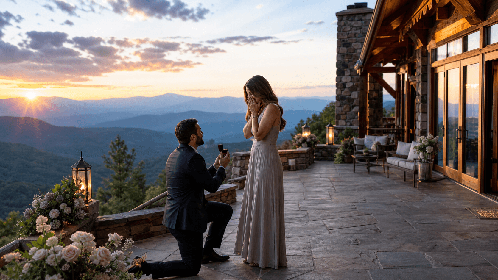 Couple silhouetted on a mountain overlook at sunset, with purple peaks and a glowing valley beyond.