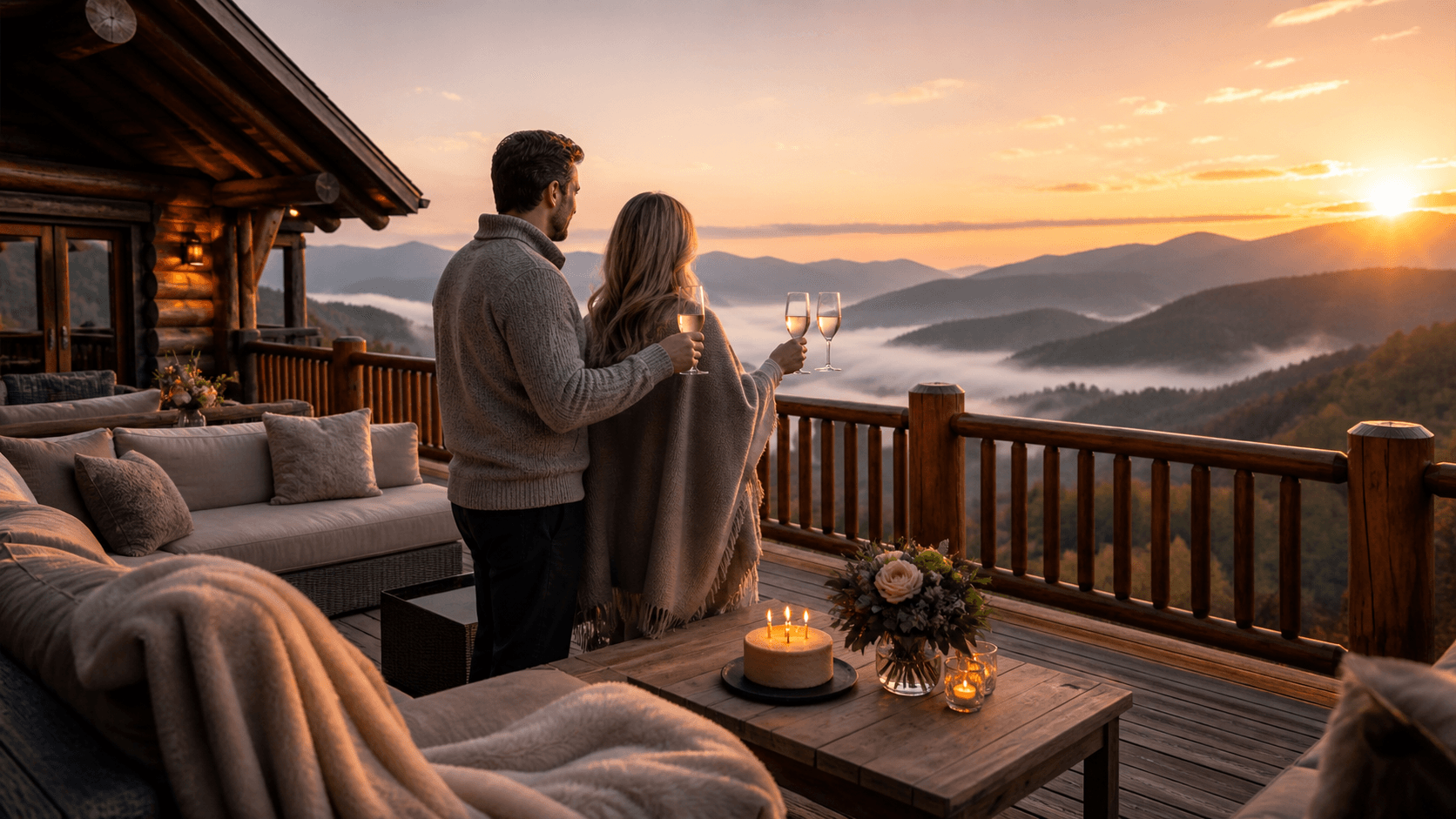 Couple embracing on a sunlit mountain peak, with golden clouds and a glowing valley below.