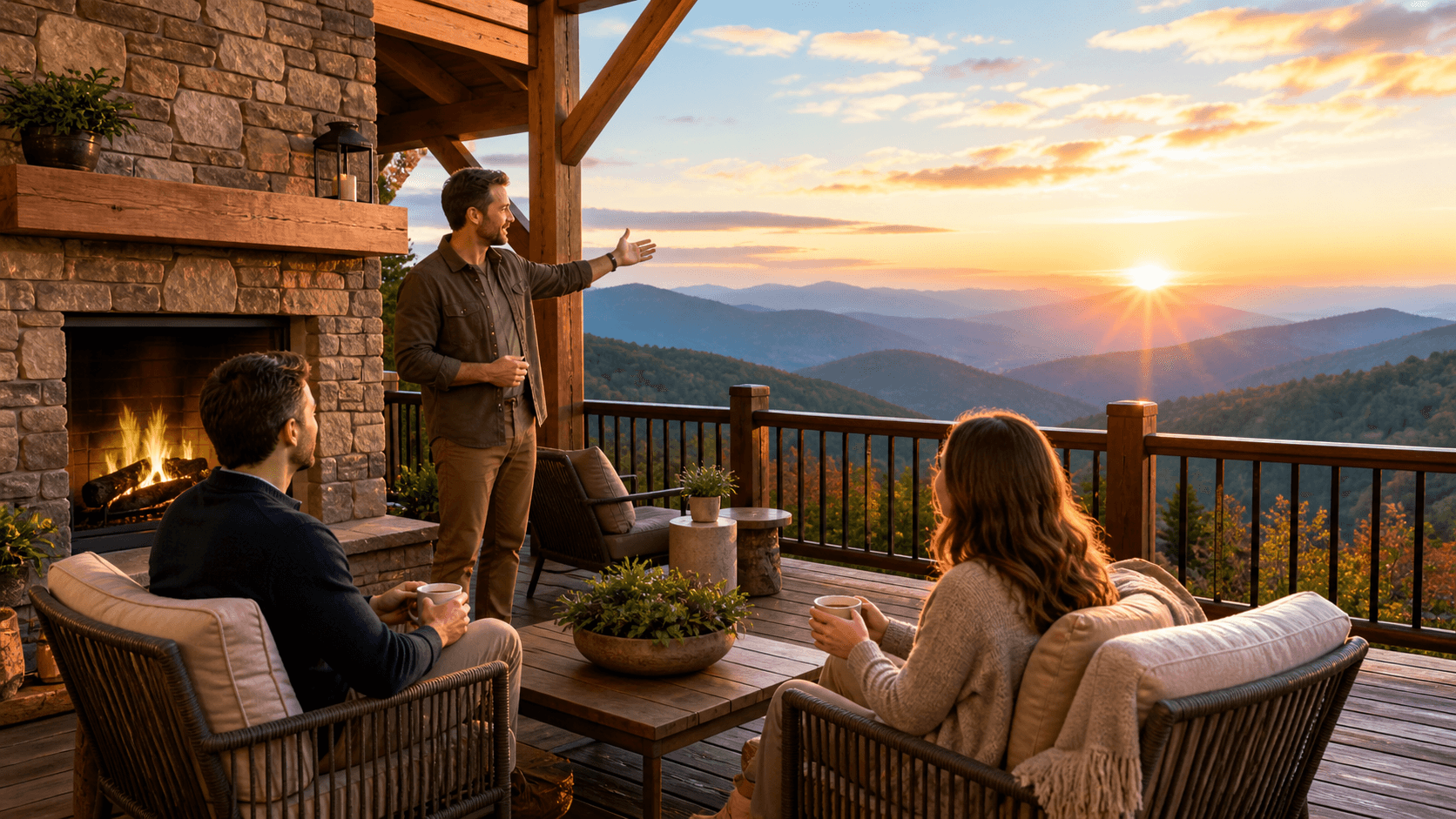 Sunlit mountain peaks rise above a rustic lodge terrace overlooking a vivid blue valley.